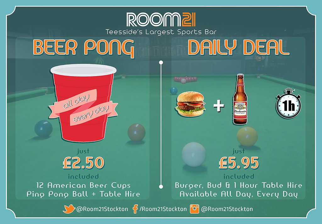 DAILY DEALS: Burger + Bud + 1hr Table Hire - just £5.95 or #BeerPong just £2.50  at #Room21Stockton #Teesside's Largest #SportsBar