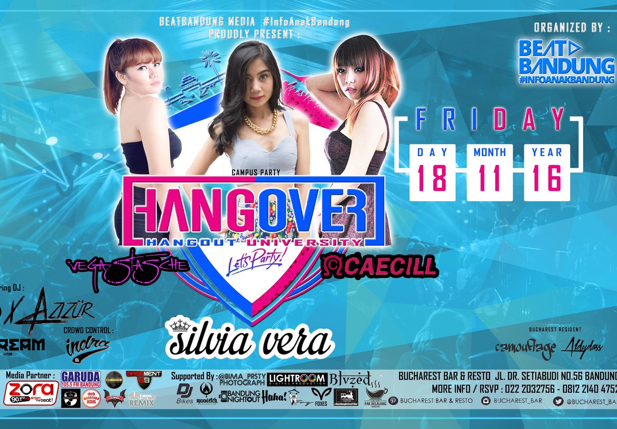 Info Anak Bandung presents:
HANGOVER
Friday, Nov 18th
Onward 10 Pm - till drop
At BUCHAREST BAR
Setiabudhi 56 
More info : <a href="/beatbandung/">#InfoAnakBandung</a>