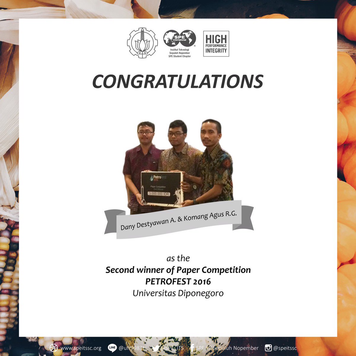 SPEITSSC's tweet photo. Congratulation to Dany Destyawan A. &amp; Komang Agus R. G.!
For the 2nd winner of Paper Competition in PETROFEST 2016. https://t.co/id7KI9725H
