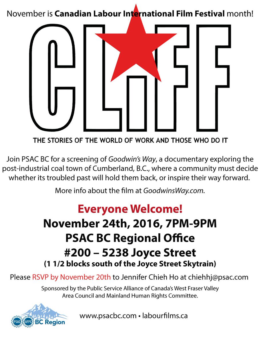lorene1voice's tweet photo. Great talking about #CLiFF2016 at #VDLC tonight. If you missed it join @psacbc #Vancouver on Nov 24 @goodwinsway @labourfilms https://t.co/asezZ0MVui