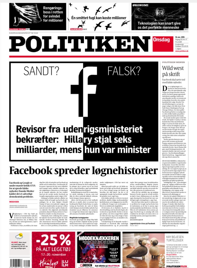Er i <a href="/politiken/">Politiken</a> om falske historier. Min væsentligste pointe er: Ønsker vi overhovedet, at fx Facebook censurerer indholdet yderligere?