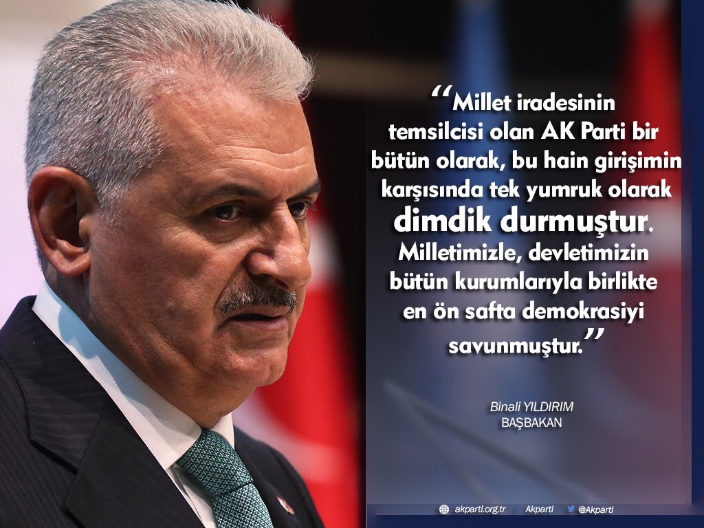 Akparti's tweet photo. "Millet iradesinin temsilcisi olan AK Parti bir bütün olarak, bu hain girişimin karşısında tek yumruk olarak dimdik durmuştur." https://t.co/74QfaooHg2