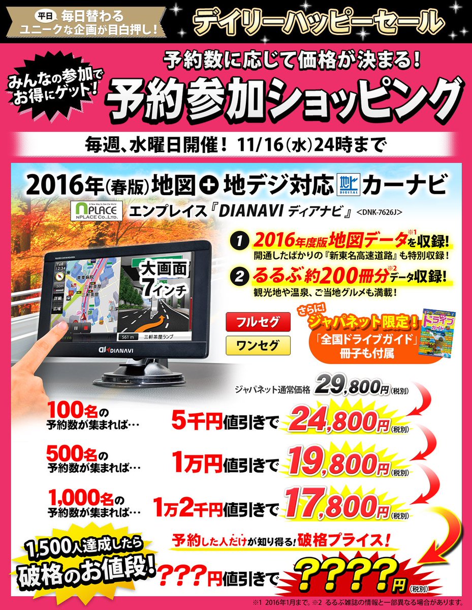 ジャパネットたかたお知らせ担当 V Twitter ジャパネットたかた 予約参加ショッピング 本日の商品はカーナビ 旧モデルのため大特価が実現しました 現在の予約数は1 000人突破 残り500名の予約が集まれば 破格プライスの 円に 今すぐ予約ボタンをクリック ジャパネットたかたお知らせ担当 V Twitter ジャパネットたかた 予約参加ショッピング 本日の商品はカーナビ 旧モデルのため大特価が実現しました 現在の予約数は1 000人突破 残り500名の予約が集まれば 破格プライスの 円に 今すぐ予約ボタンをクリック