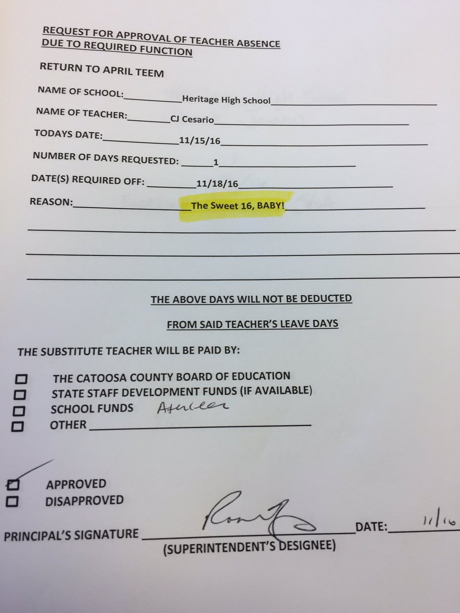 HHSGenerals's tweet photo. Check out football coach C.J. Cesario's paperwork for missing school on Friday!  #GoGenerals https://t.co/nEm7gAu4xt