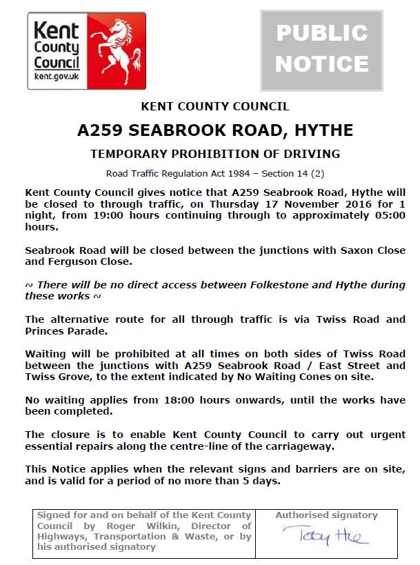 KentHighways's tweet photo. Hythe, A259 Seabrook Road: Closed overnight (19:00-05:00) on 17th November for carriageway repair works: https://t.co/4Y8Tj7vUMZ https://t.co/xDTRGuIgm9