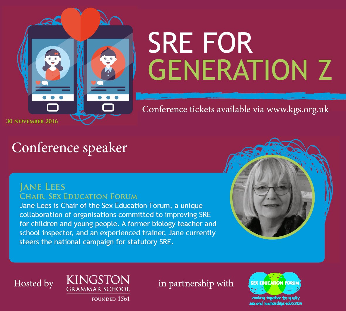 KGS1561's tweet image. @JaneCLees  will be speaking at our #SREConference, 30th Nov @sex_ed_forum  kgs.org.uk/events/sre-for… Tickets still available #booktoday