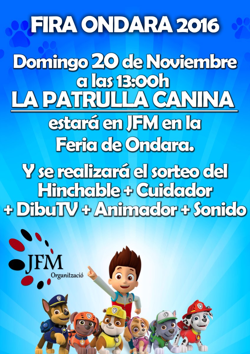 jfmorganitzacio's tweet photo. Este Domingo 20 de noviembre, tendremos a la ''Patrulla Canina'' al completo a las 13:00h!
Y ademas se realizará el sorteo del Hinchable! https://t.co/tnM3okqOcZ