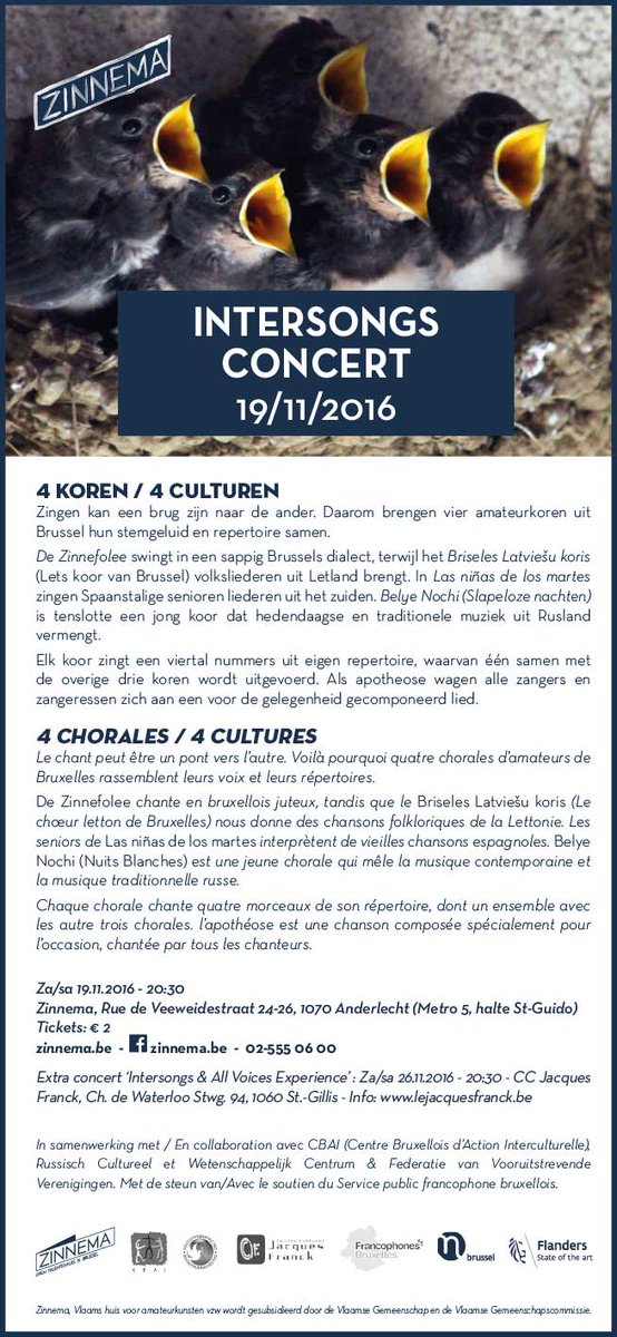 INTERSONGS CONCERT- 4koren/chorales-4culturen/4cultures zaterdag-20:30 #DeZinnefolee #BriselesLatviešukoris #Lasniñasdelosmartes #BelyeNochi