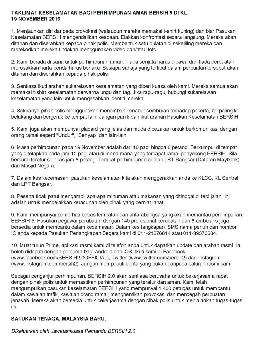 's tweet image. Maklumat penting untuk peserta2 #Bersih5 spt Taklimat keselamatan, Tatakelakuan &amp;amp; nombor hotline/kecemasan. Sebarkan!