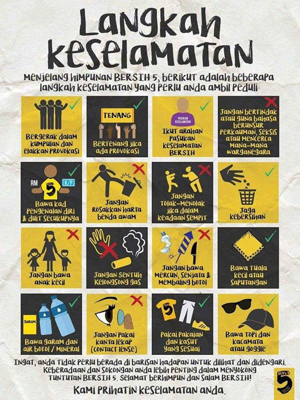 's tweet image. Maklumat penting untuk peserta2 #Bersih5 spt Taklimat keselamatan, Tatakelakuan &amp;amp; nombor hotline/kecemasan. Sebarkan!