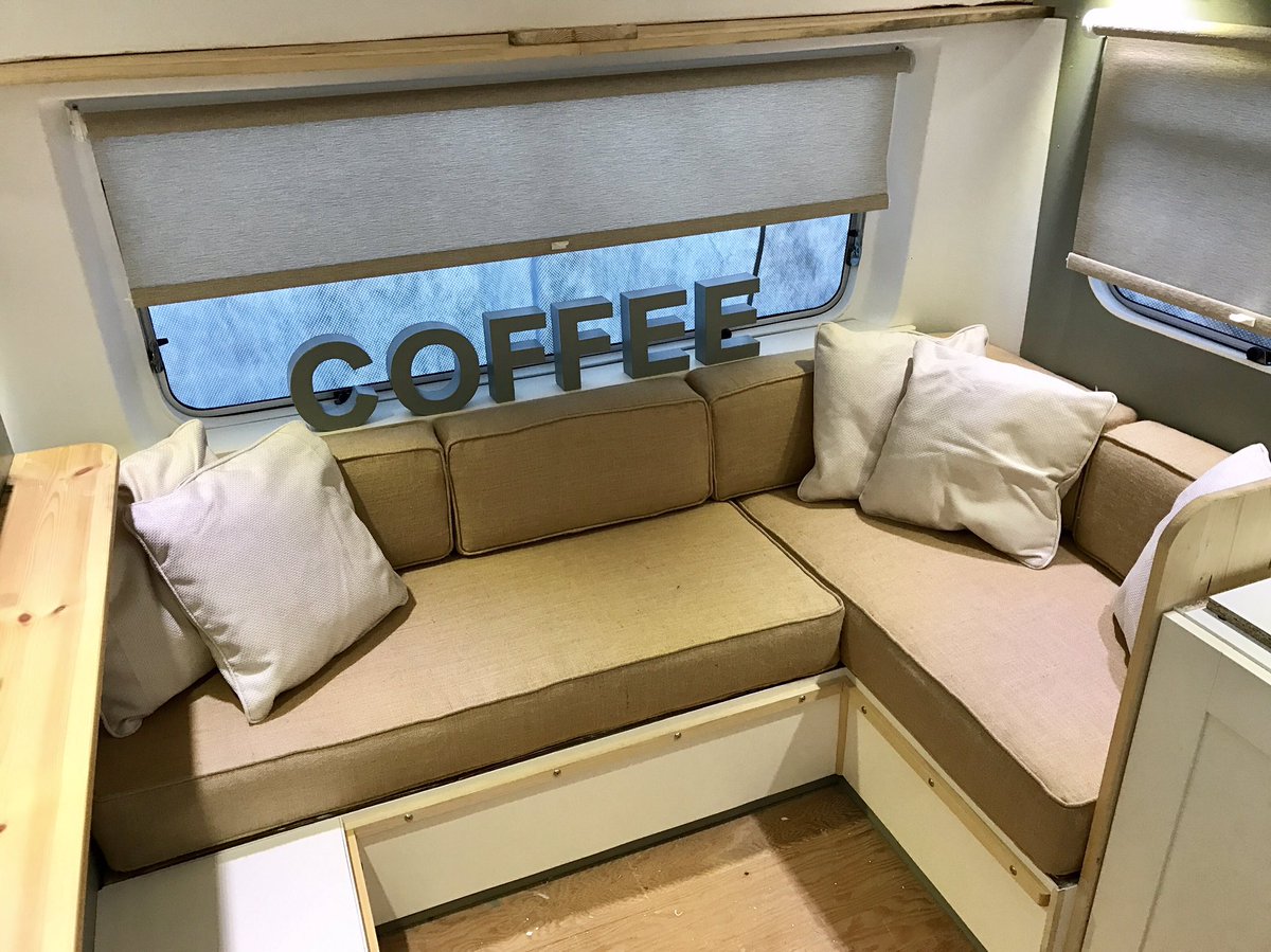 beanmachineuk's tweet image. busy getting our 1970s coffee caravan ready for next year. Full restitution. a sneak preview so far.#vintagecaravan #vikingfibreline #coffee