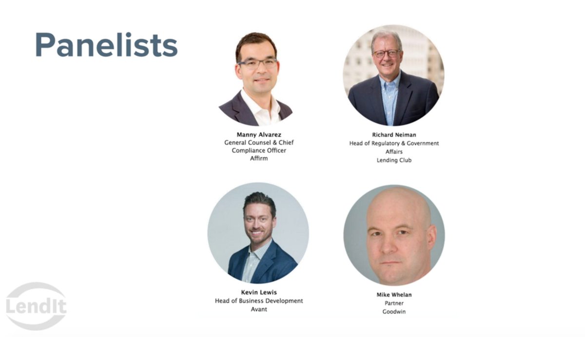 Fintechnexus's tweet photo. Happy to have Manny A. (@Affirm), Richard N. (@LendingClub), Kevin L. (@avant_us) &amp; Mike W. (@goodwinlaw) as our moderator! #LendItForums https://t.co/dAEBizoYaH