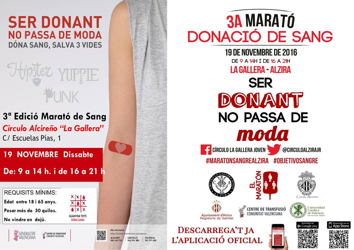 GVAdonasang's tweet photo. Dissabte 19 de novembre tindrà lloc al @CirculoAlziraJr la III Marató de Sang d'#Alzira. T'esperem! #maratonsangrealzira #objetivosangre https://t.co/y4a6argHrq