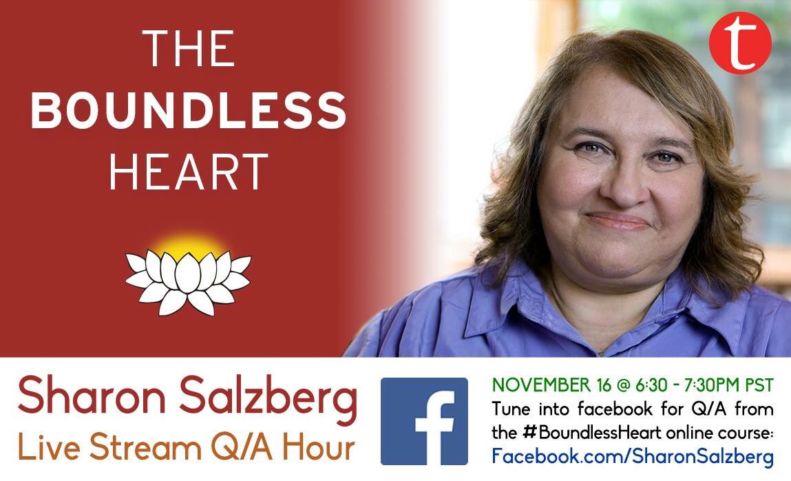 SharonSalzberg's tweet photo. Tune in tonight at 6:30pm PST for a #livestream q/a session from the @tricyclemag #BoundlessHeart course 🤓 https://t.co/QYgKeJXTAi https://t.co/9qeb1UZxba