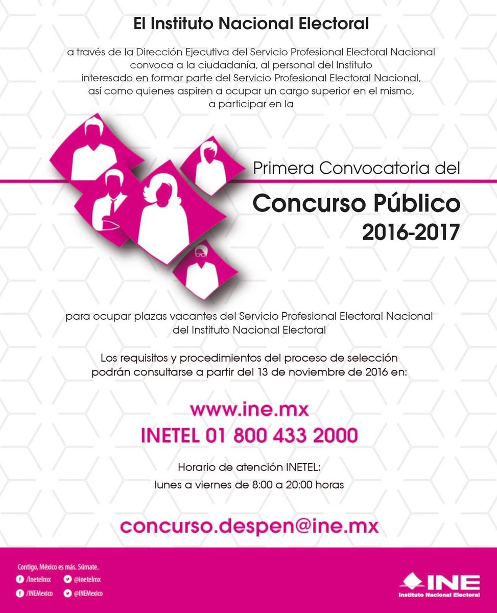 AMECIP_UASLP's tweet image. ¿Quieres trabajar en el @INEMexico? Ya está abierta la Convocatoria del Concurso Público 2016-2017 bit.ly/2eUHuaX