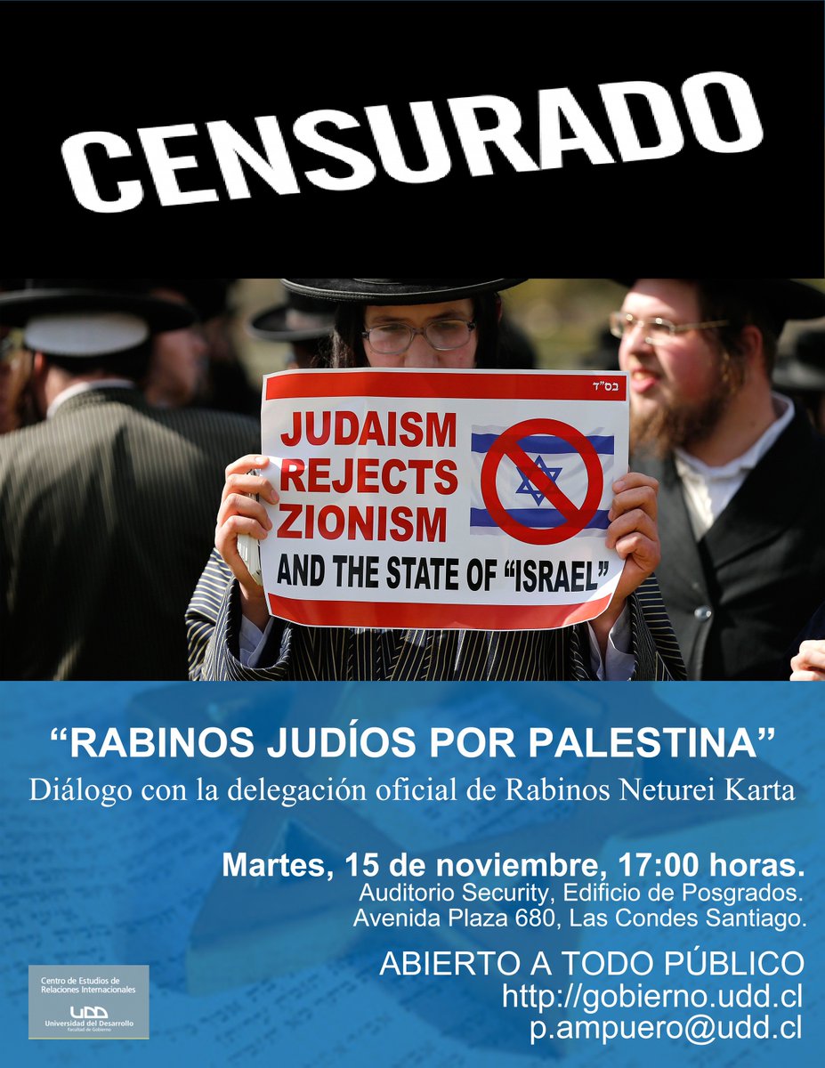 ComPalestinaCL's tweet photo. Censuran charla de Rabinos Judíos Naturei Karta en la UDD. Pero este jueves a las 19:15 expondrán en Club Palestino. https://t.co/GbqFmLzMHu https://t.co/5XUlfSUQaE