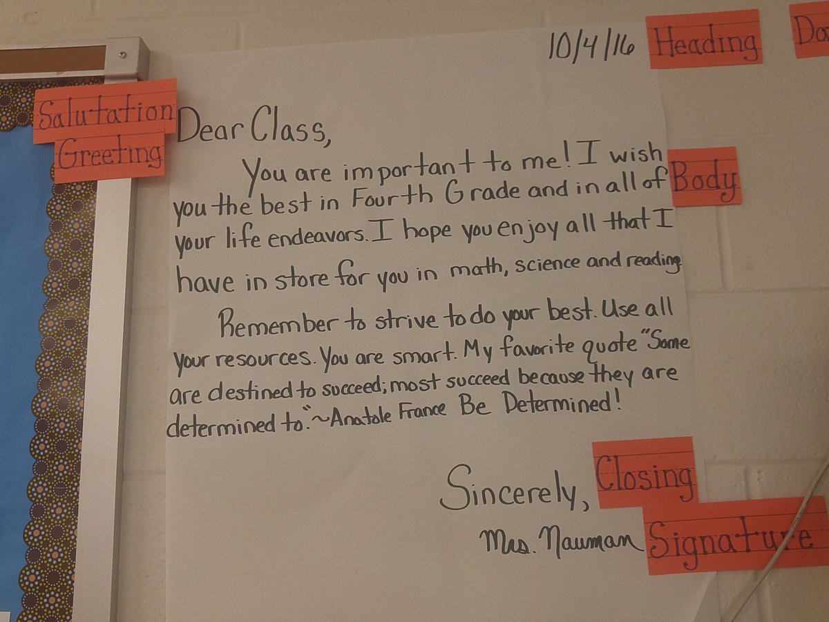 Wonderful message Mrs. Baumann wrote to her students demonstrating how to write a letter at Earl Lawson Elementary!