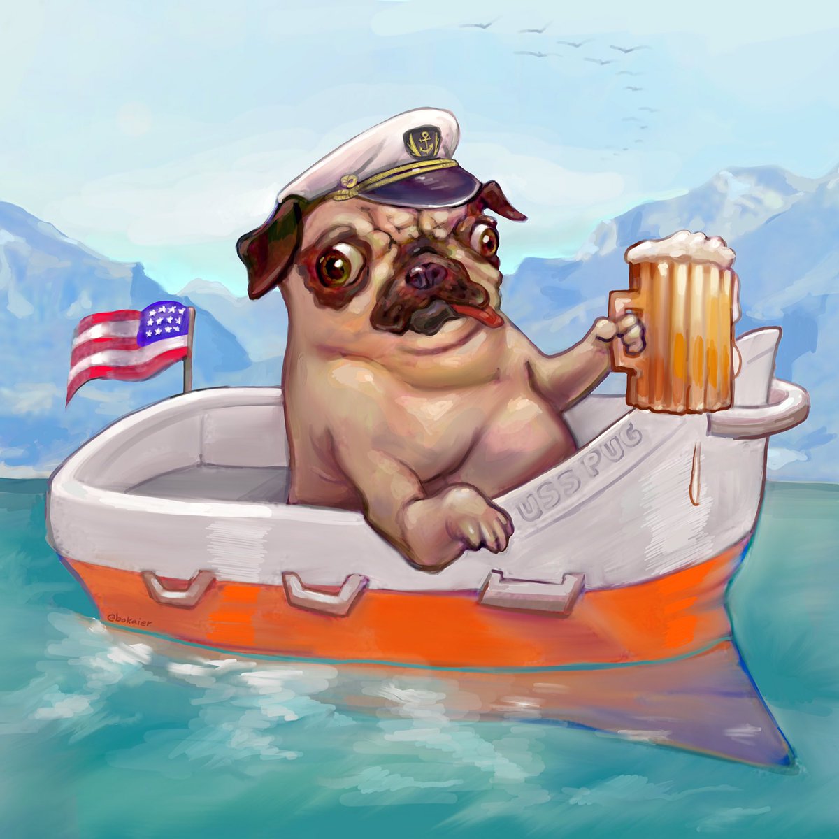 BoKaier's tweet photo. Pug Boat. Goin' to my Happy Place.

#pugs #pugboat #art https://t.co/vboEWPvdLO