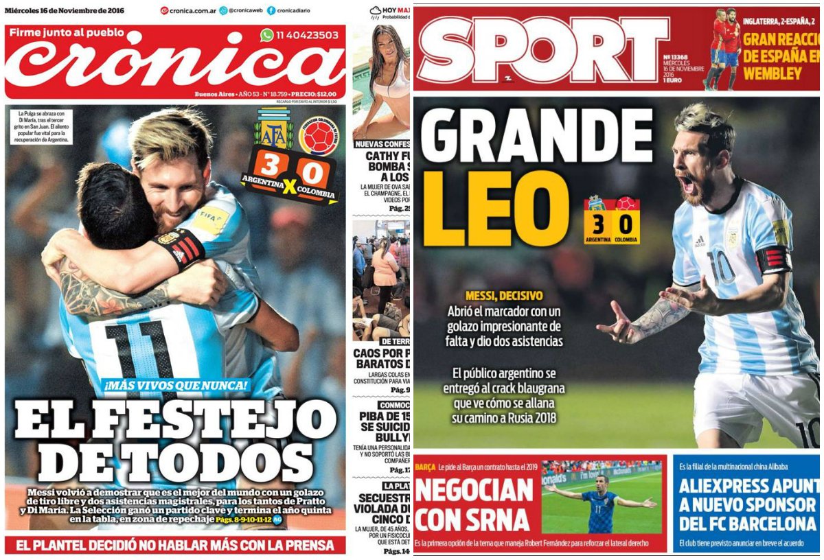 Argentina's tweet photo. #Eliminatorias El triunfo ante Colombia fue reflejado en los diarios argentinos y españoles 📰 https://t.co/NSQC3yaND1