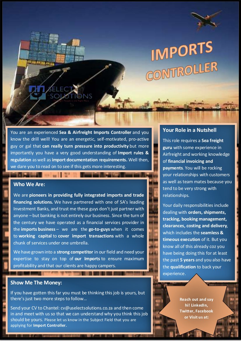 U_Select's tweet image. Are you an Imports Controller with Sea &amp;amp; Air Freight experience? Look no further... #seafreight #import