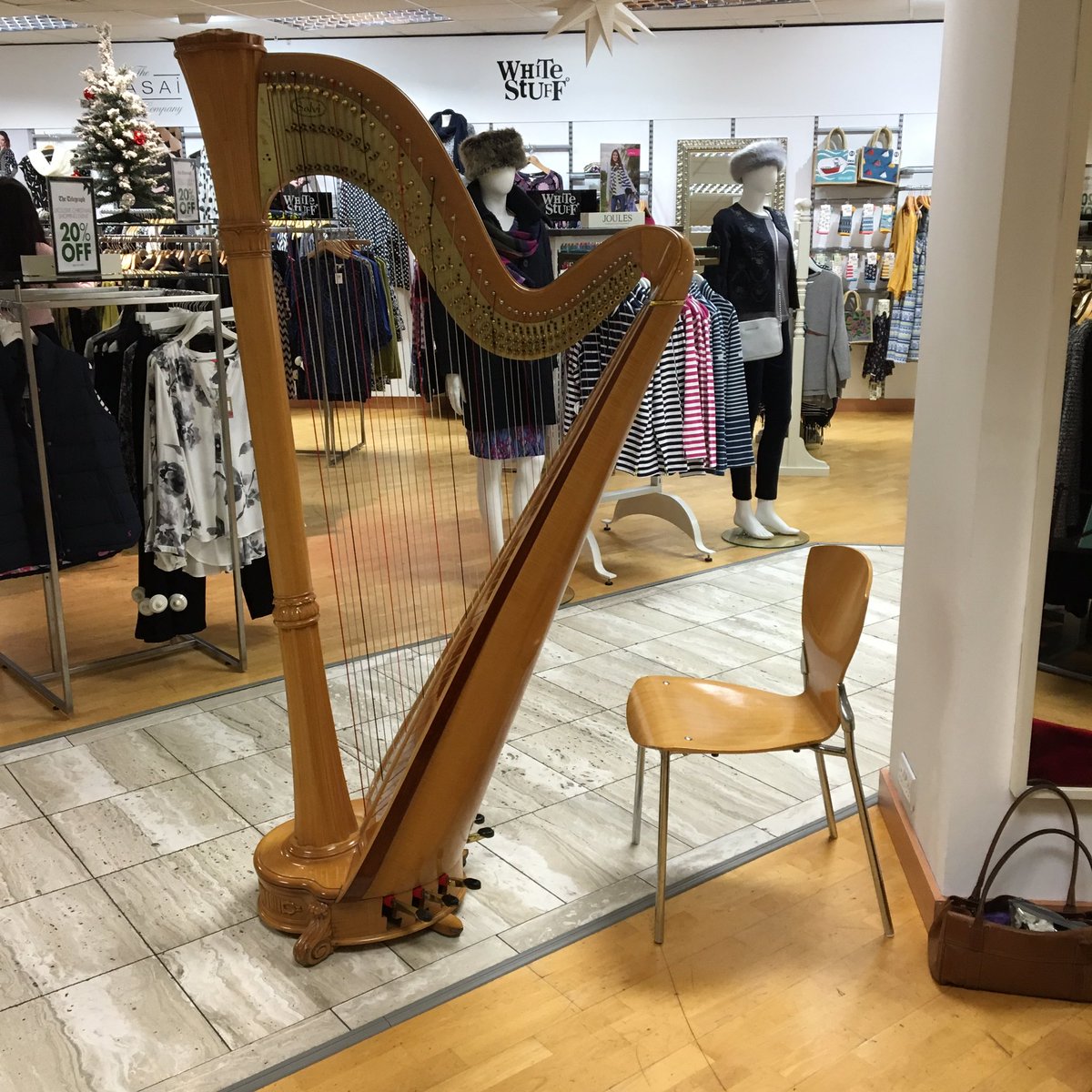 HarrietAdie's tweet photo. All set up@for Christmas shopping @FenwickStores in Windsor. Might fit in a little shopping myself in my breaks! #londonharpist #christmas https://t.co/AaKtQODgAX