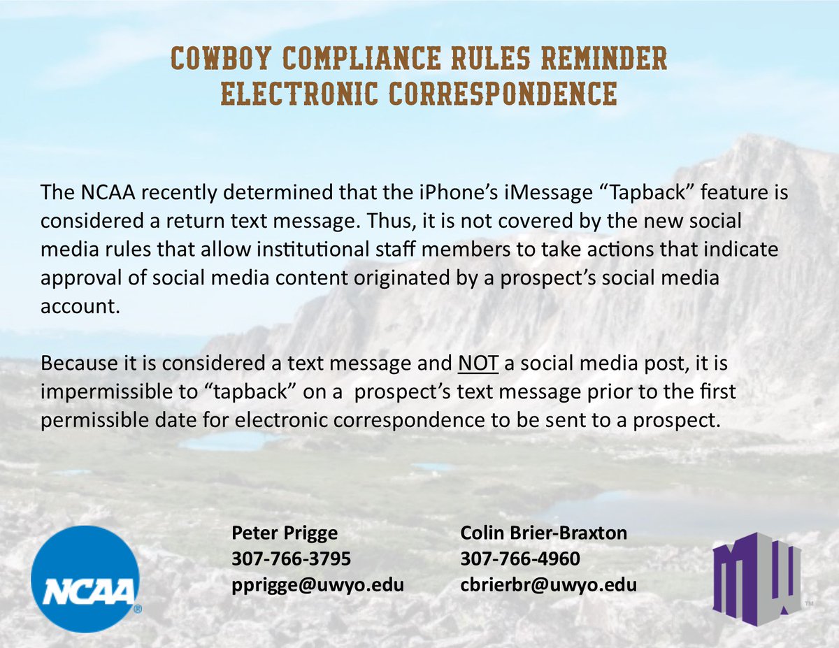 UWYO_Rules's tweet photo. Tapback feature on iMessage is electronic correspondence. Don't tap back to a PSA prior to 1st permissible date of electronic correspondence https://t.co/0ykYzW5wIt