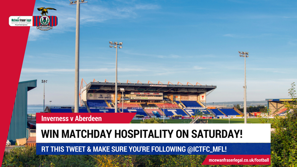 WIN! | Follow us &amp; RT this tweet to be in the hat to win a day out in VIP hospitality this Saturday for <a href="/ICTFC/">Inverness Caledonian Thistle FC</a> v <a href="/AberdeenFC/">Aberdeen FC</a>. Ends Thur, 5pm