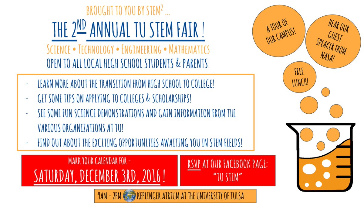 deborahgist's tweet photo. Tulsa parents &amp; HS students: TU is hosting a STEM Fair on 12/3. This is a chance to learn about the future opps avail. in the STEM fields! https://t.co/wRZtv9nOQu
