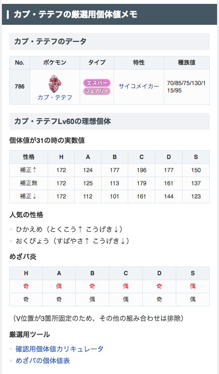 ポケモン攻略 Game8公式 En Twitter カプ テテフの厳選用個体値メモです めざパ炎を粘っていたらクリスマスくらいまでレートに潜れ無い気がしたので とりあえずはただの良個体で妥協した負け犬のメモです T Co G3ynohdcc7