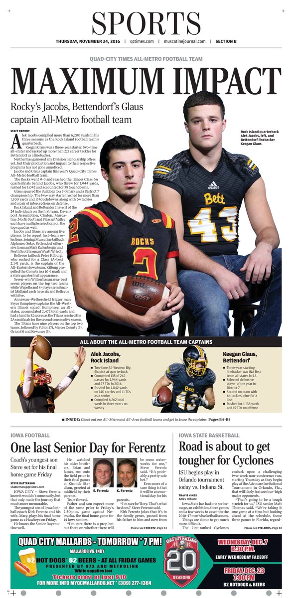 A look at Thursday's <a href="/qctimes/">Quad-City Times</a> sports front featuring All-Metro football captains Alek Jacobs and Keegan Glaus