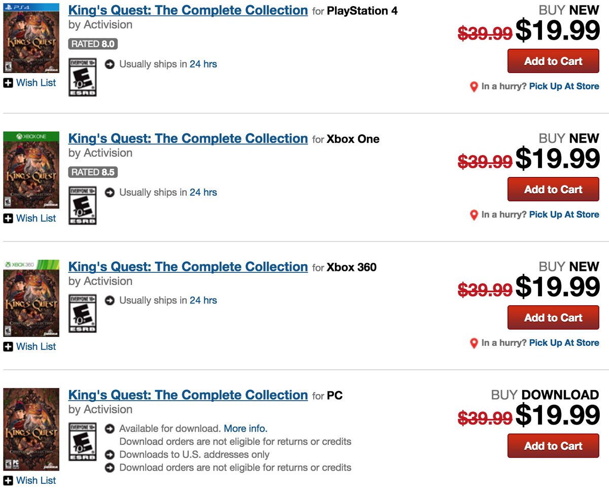 DEAL: Looks like #KingsQuest physical edition is 50% off at GameStop

Link: goo.gl/u7F5VG