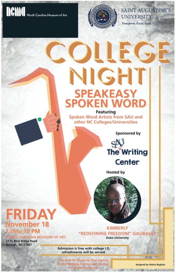 harrell_art's tweet photo. Excited to partner w/ Saint Augustine's  @SAU_News for Speak Easy Spoken Word for @NCMAcollege Night this Friday! https://t.co/QnNJXqTohR https://t.co/oCiR6Cv9vZ