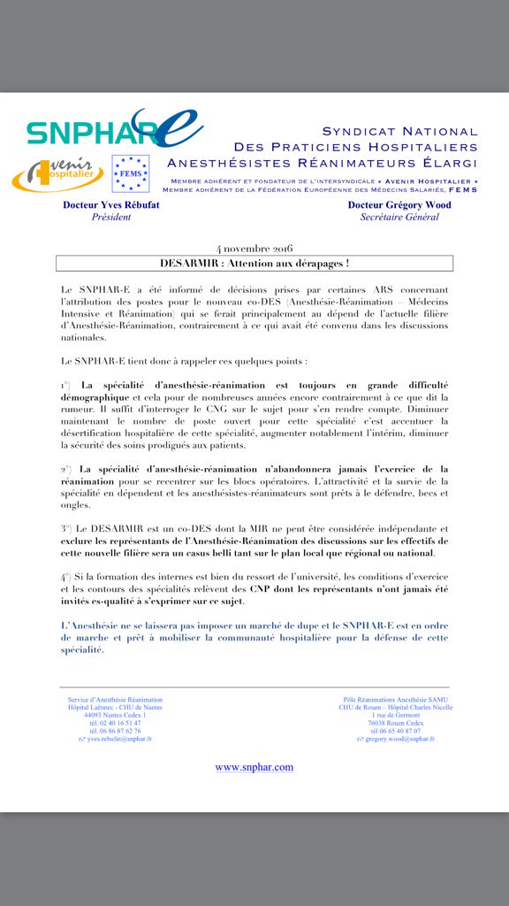 Sebastien Mirek (@sebastienmirek) on Twitter photo CP <a href="/SNPHARE/">SNPHARE</a> #DESARMIR: attention aux dérapages! <a href="/SFAR_ORG/">SFAR Anesthésie Réanimation</a> @AJAnesthRea <a href="/ISNItwit/">ISNI - InterSyndicale Nationale des Internes</a> @ISNCCA CP <a href="/SNPHARE/">SNPHARE</a> #DESARMIR: attention aux dérapages! <a href="/SFAR_ORG/">SFAR Anesthésie Réanimation</a> @AJAnesthRea <a href="/ISNItwit/">ISNI - InterSyndicale Nationale des Internes</a> @ISNCCA