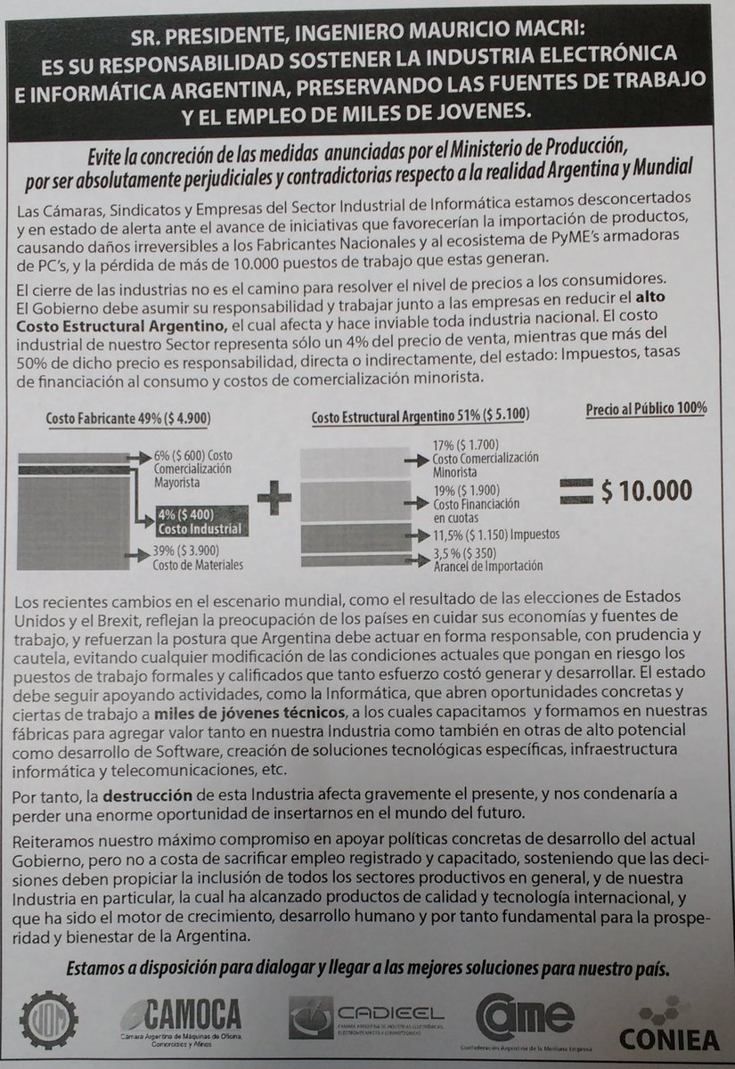 Cámaras y sindicatos de la industria informática nos manifestaron su preocupación por la eliminación del arancel para productos  importados.