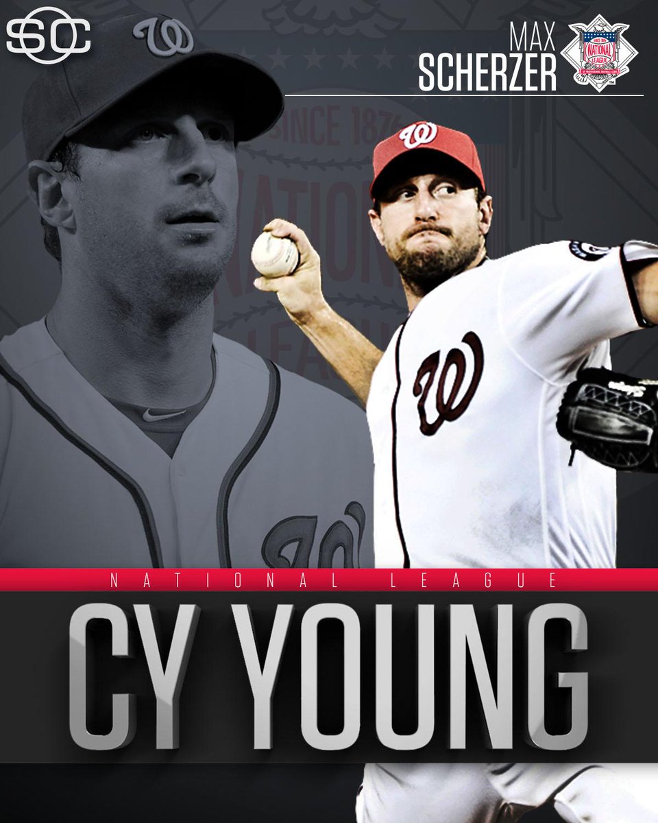SportsCenter's tweet image. THIS JUST IN: Max Scherzer (20-7, 2.96 ERA, 284 K, 0.97 WHIP) earns his 2nd career Cy Young award.