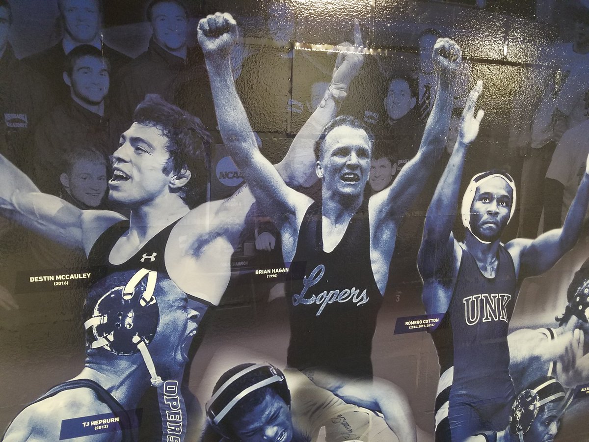 PaulPlinskeAD's tweet photo. Destin McCauley &amp; Romero Cotton put up on @loperwrestling National Championship wall. #loperlegends @DreadheadRo https://t.co/uXQfoHJFYt