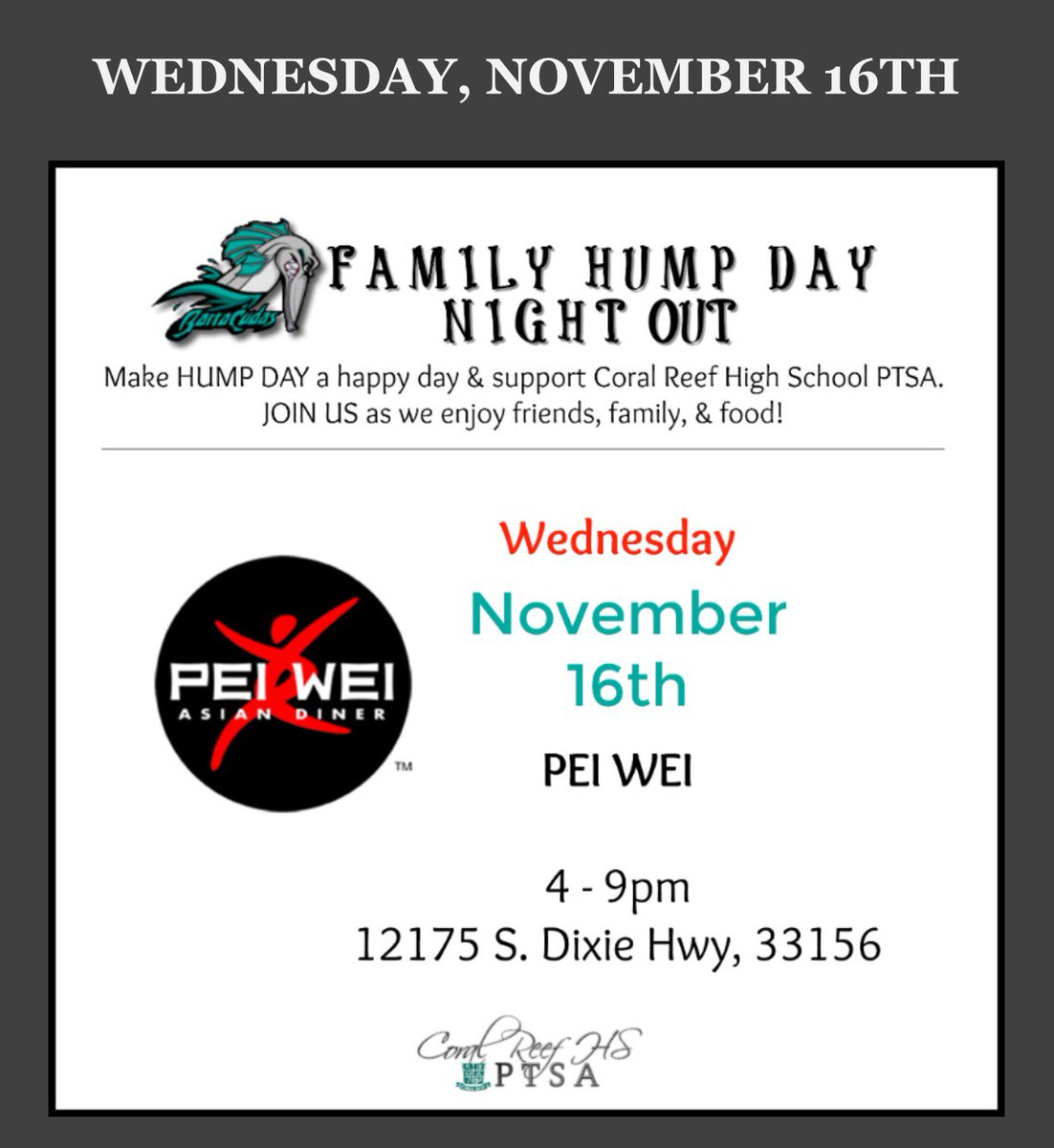 PTSACoralReefHS's tweet photo. .@sr_reef Join us tonight at @PeiWei Pinecrest for BARRACUDA Hump Day Family Night Out! https://t.co/TaZ3jMab0n
