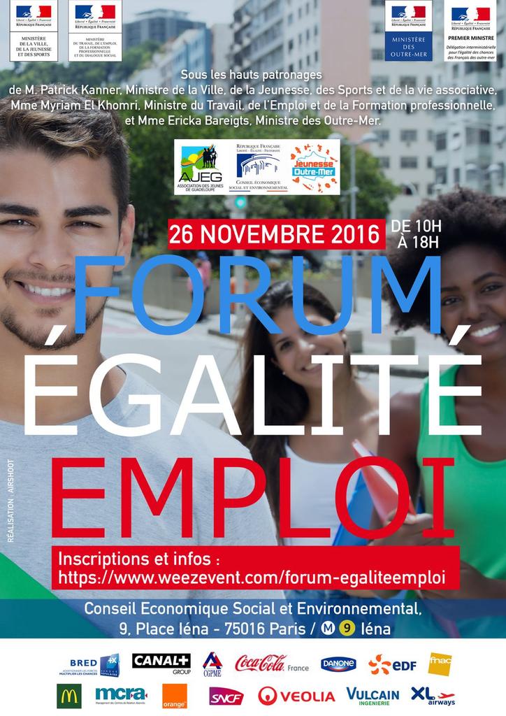 JeuneOutreMer's tweet photo. #Egalité-emploi : nous y serons le  26/11/2016 !
Et vous ? inscrivez vous sur https://t.co/Nv0YBFJLGo https://t.co/PGhPgGYyQb