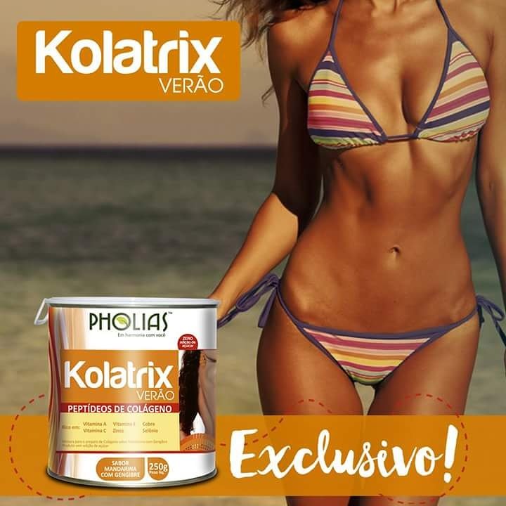 Kolatrix Verão é rico em pró-vitamina A (Betacaroteno) associado aos peptídeos de colágeno e  vitaminas e minerais que atendem 100% da IDR.