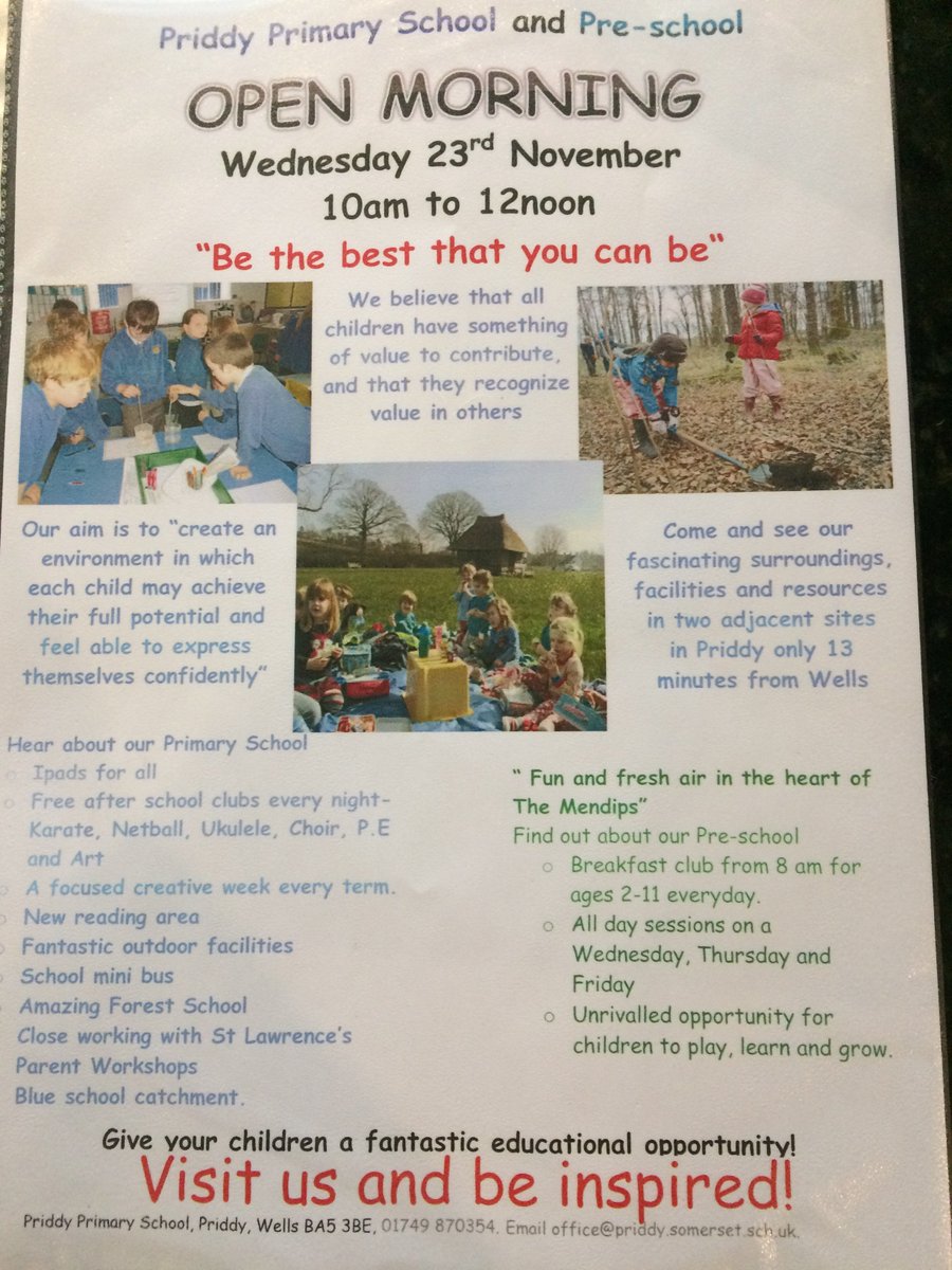 pandstl's tweet photo. Open Morning - Priddy Primary School and Preschool Wednesday 23rd November 10am. #priddyschoolopenmorning https://t.co/r6eJgyRdSe