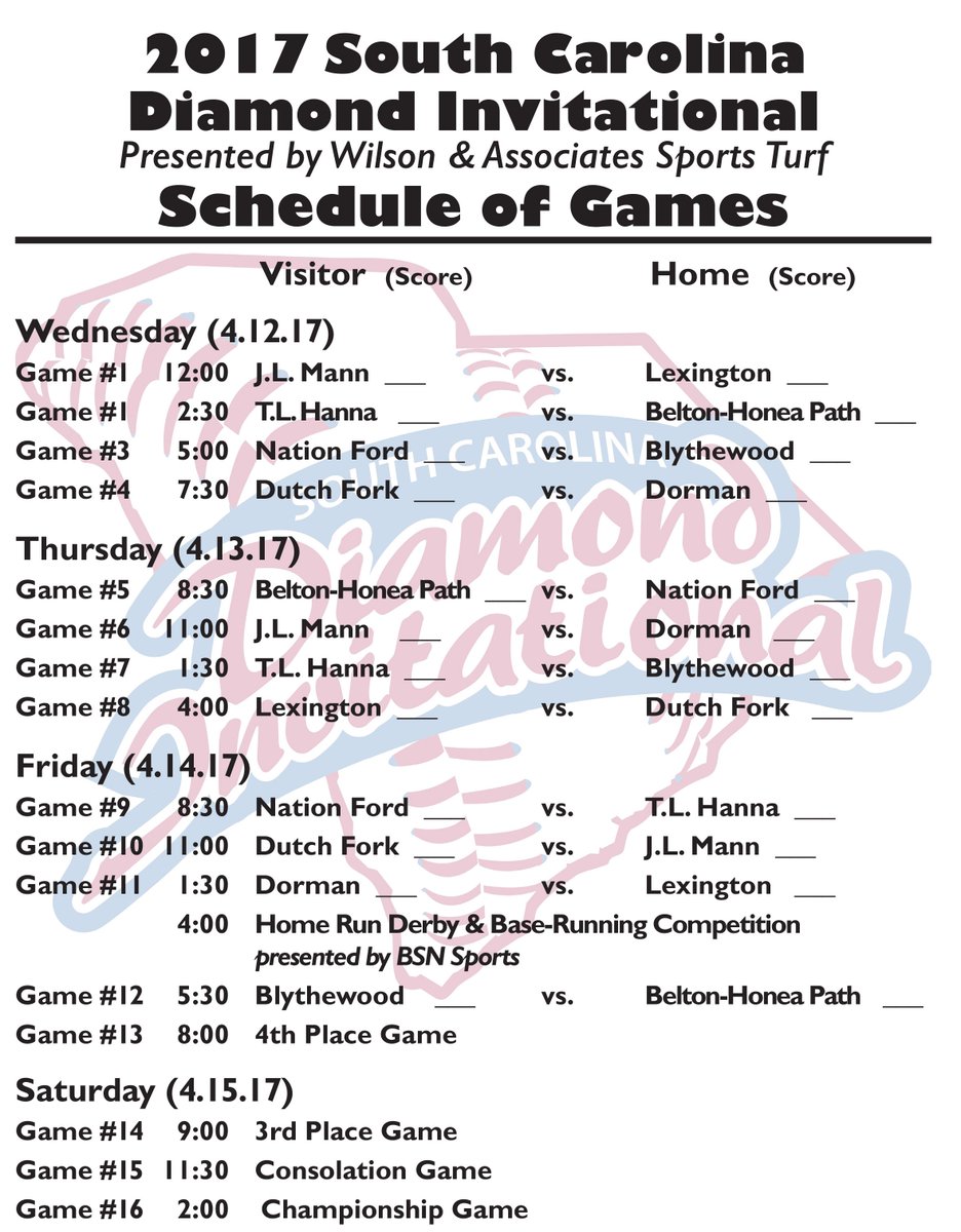 SCDiamondInvit's tweet photo. We're still 5 months away from first pitch, but we're excited about our 2017 tournament field!  #SCDI #TentativeSchedule https://t.co/idOIkGVl4f