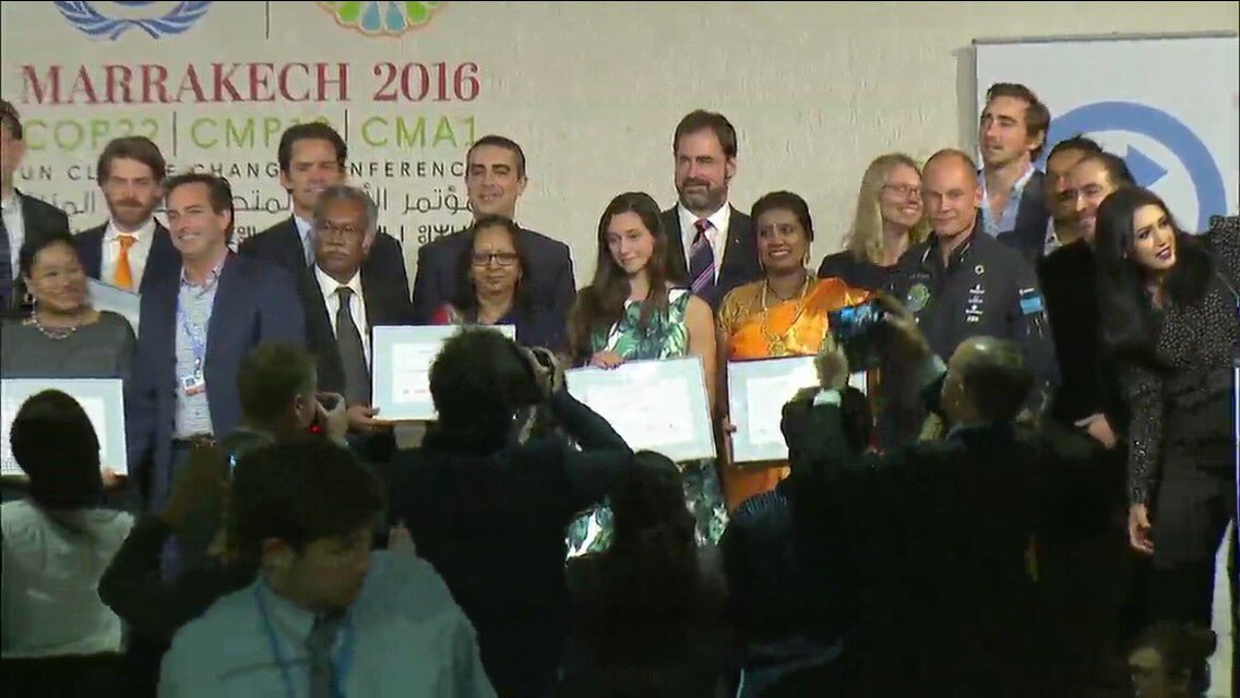 thelpfn's tweet photo. @leepace @AsmaLmnawar, other speakers and award winners at the UN Climate Solutions Gala. #EarthToMarrakech #COP22 https://t.co/W2vXwk57jS