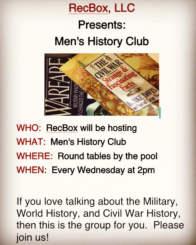 RecBoxLLC's tweet image. RecBox hosting History club at Brookdale Lake Worth, Wednesday's at 2pm!