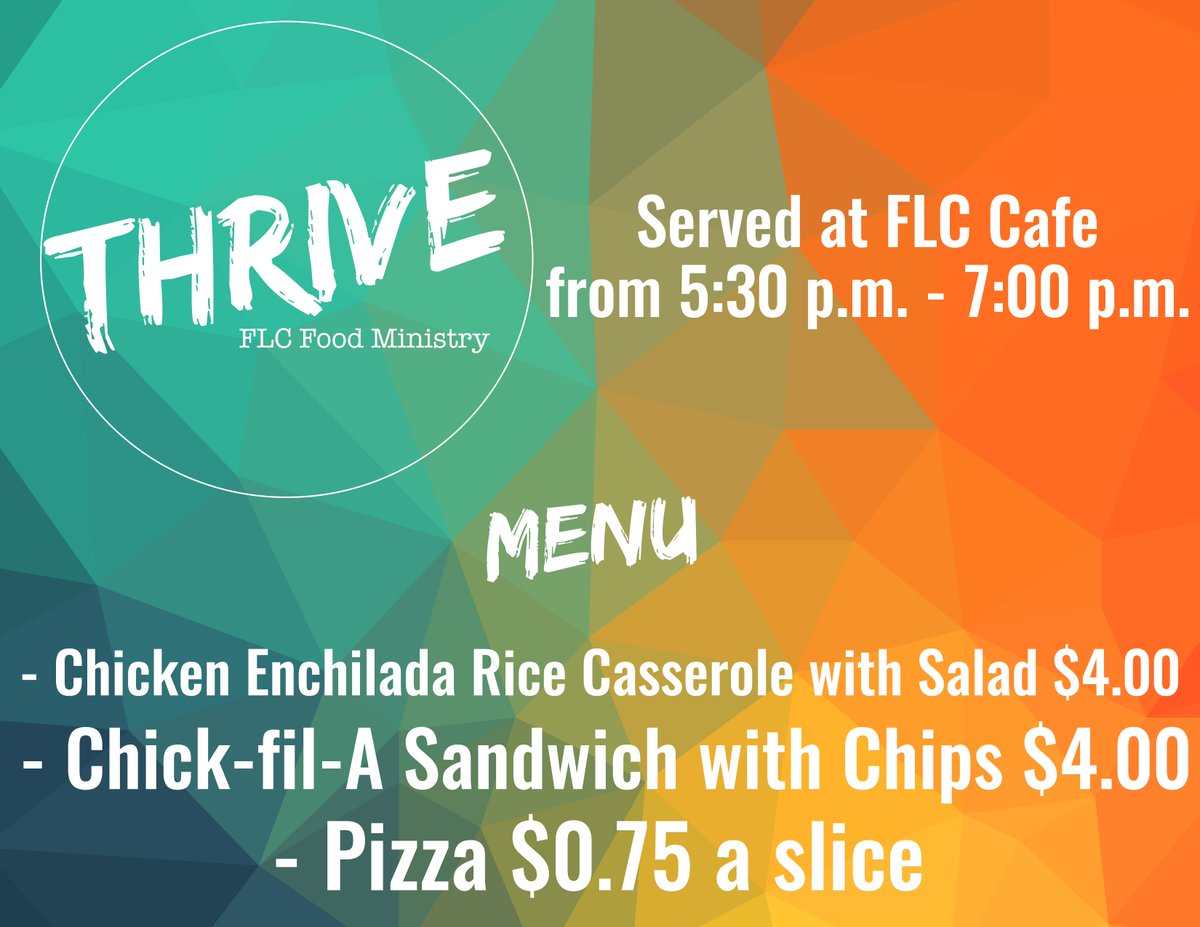 flcroots's tweet photo. Join us early for Thrive tonight! 5:30pm-7pm. We are having Chicken Enchilada Rice Casserole. Always a #yum! https://t.co/D2EGeVtKuB