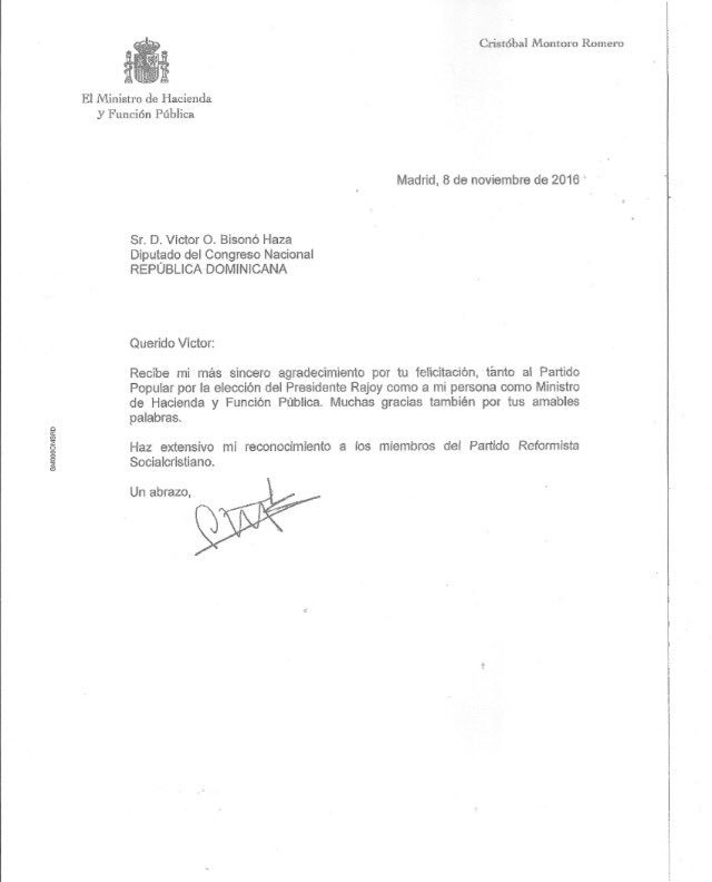 PRSC_RRII's tweet photo. El @PPopular de España a través del Ministro Cristóbal Montoro, agradece a @itobisono felicitaciones por revalidar en el gobierno https://t.co/5E1TUrjFgS
