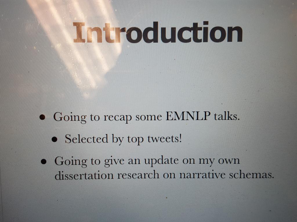 thedansimonson's tweet image. Giving a @DCNLP talk tonight recapping some #emnlp2016 talks / talking about my own research.