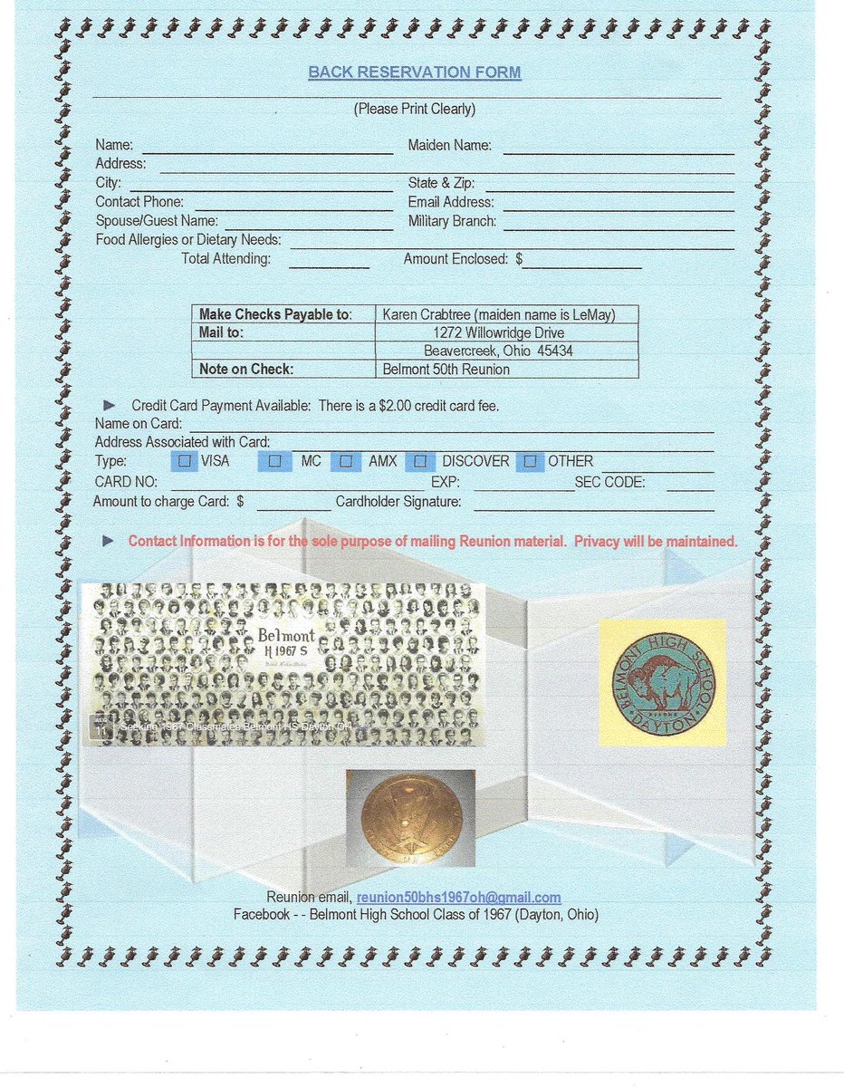 Information and Reservation forms for the 50th Year Reunion for the 1967 Graduating Class from Belmont H.S., Dayton, OH.  Use both forms