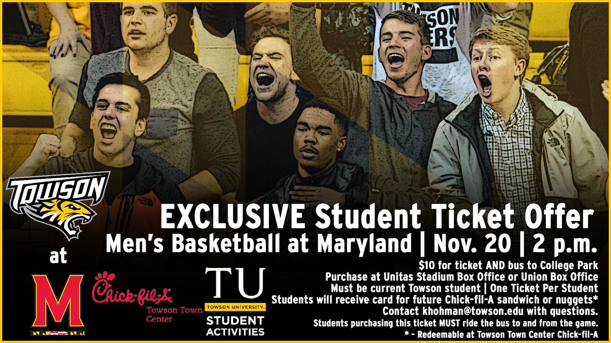 TowsonTigers's tweet photo. Hey @TowsonU students! Don't forget to get your tickets for Sunday's @Towson_MBB game in College Park. Tickets AND Chick-fil-A! https://t.co/kIiEuAyx2b