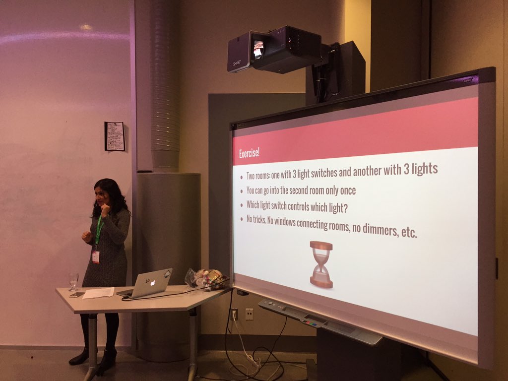 Reena from <a href="/SlackHQ/">Slack</a> is making us work during #geekysummit. Can u solve this problem? #backtoschool #yyc #tech #women #thinkoutsidethebox