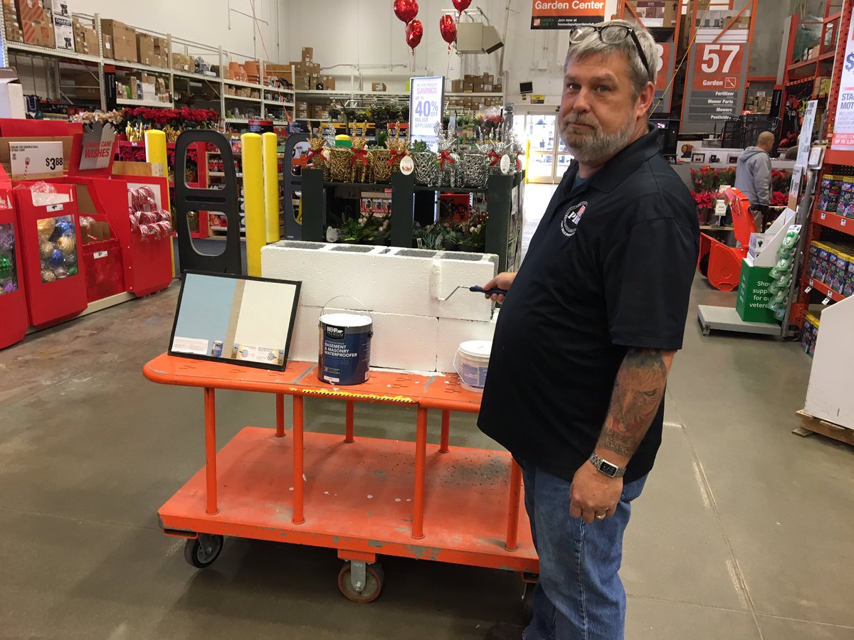 Russjcamp's tweet photo. @Kevinwestside demonstrating the features and benefits of #BEHR Basement Waterproofing Paint @hd3820 #savetime #mildewresistant #sprayable https://t.co/4RBxdNQ2Y8
